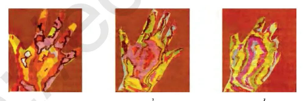 42-rasm. Chekish ta’sirida qon tomirlarining torayishi (qo‘lning teplovizor orqali olingan surati): a – chekishgacha, b, d – bitta sigareta chekilgandan so‘ng (b) 7 va (d) 17 minut o‘tgach.