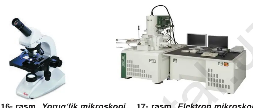 16- rasm. Yorug‘lik mikroskopi. 17- rasm. Elektron mikroskop. Elektron mikroskopiya usuli. Hozirgi davrda ko‘rish qobi liyati eng yuqori hisoblangan asboblardan biri elektron mikroskop- dir. Ular tasvirni 200000 martagacha kattalashtirib beradi. Bunda o‘rganilayotgan obyektning tasviri yorug‘lik nurlarida emas, balki